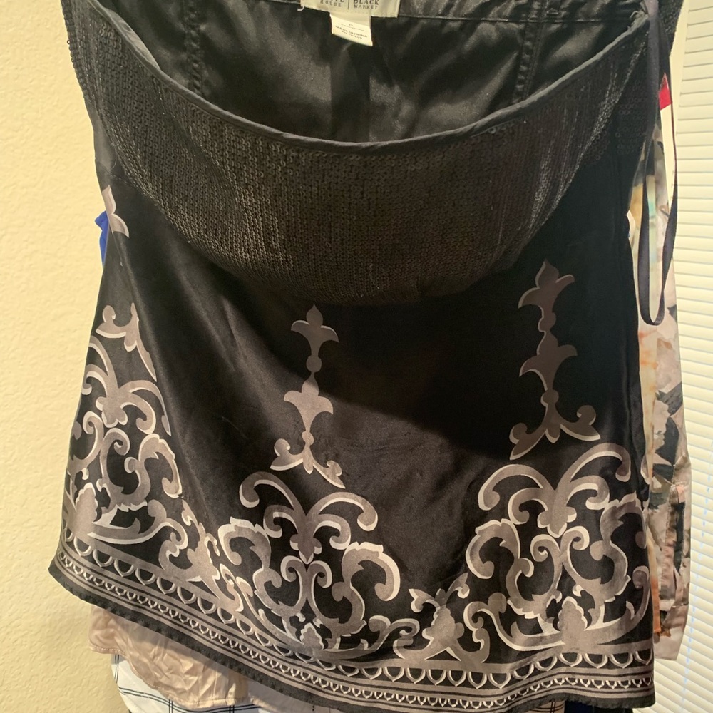 WHBM Strapless, Silk, Side zip, Fitted top, flowing under bust, longer length